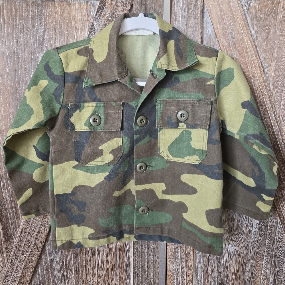 Toddler Jacket Size 4 Green Brown Woodland Camo Shirt Button Up Vintage USA